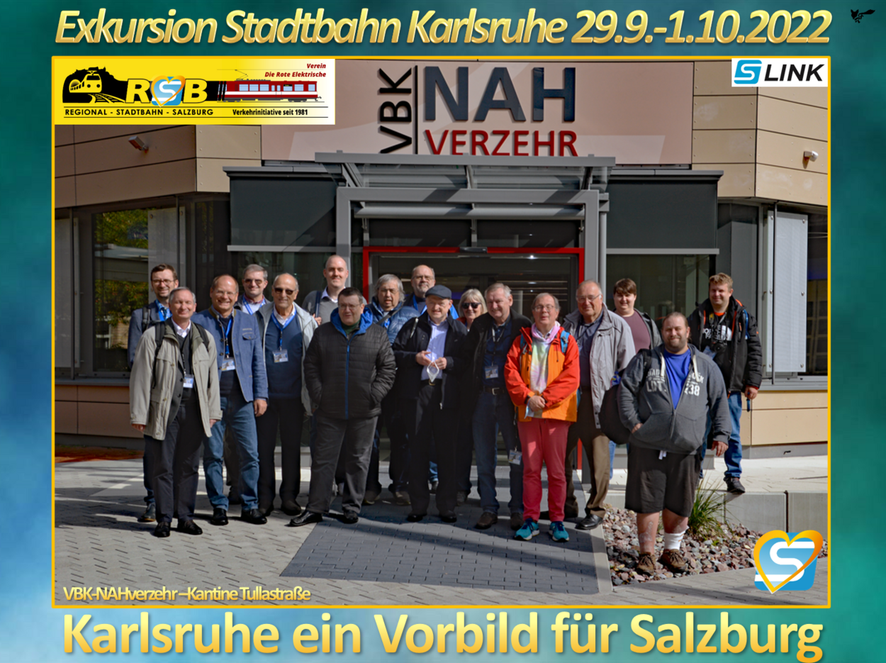 Gruppenbild Exkursion Stadtbahn Karlsruhe 2022 AVG/VBK Kantine Nahverzehr Tullastraße Collage