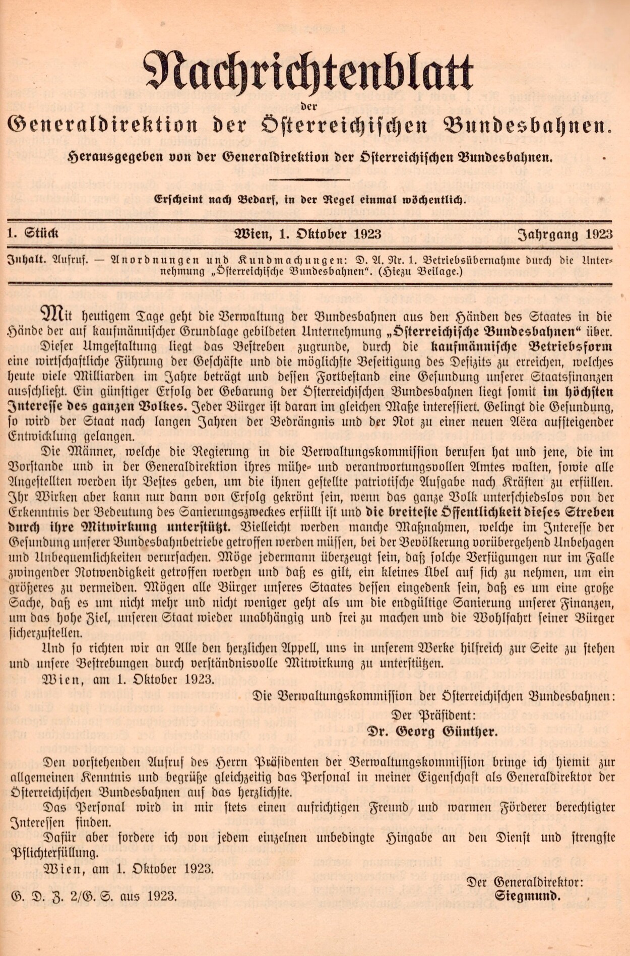 Nachrichtenblatt Generaldirektion der Österreichischen Bundesbahnen